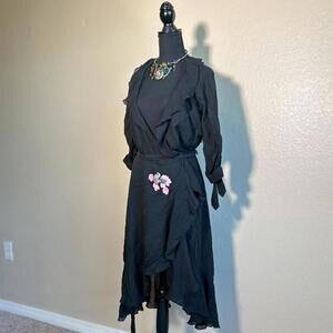 Black Cynthia Rowley Floral Embroidery Cardigan Ruffle Wrap  Vintage Midi Dress